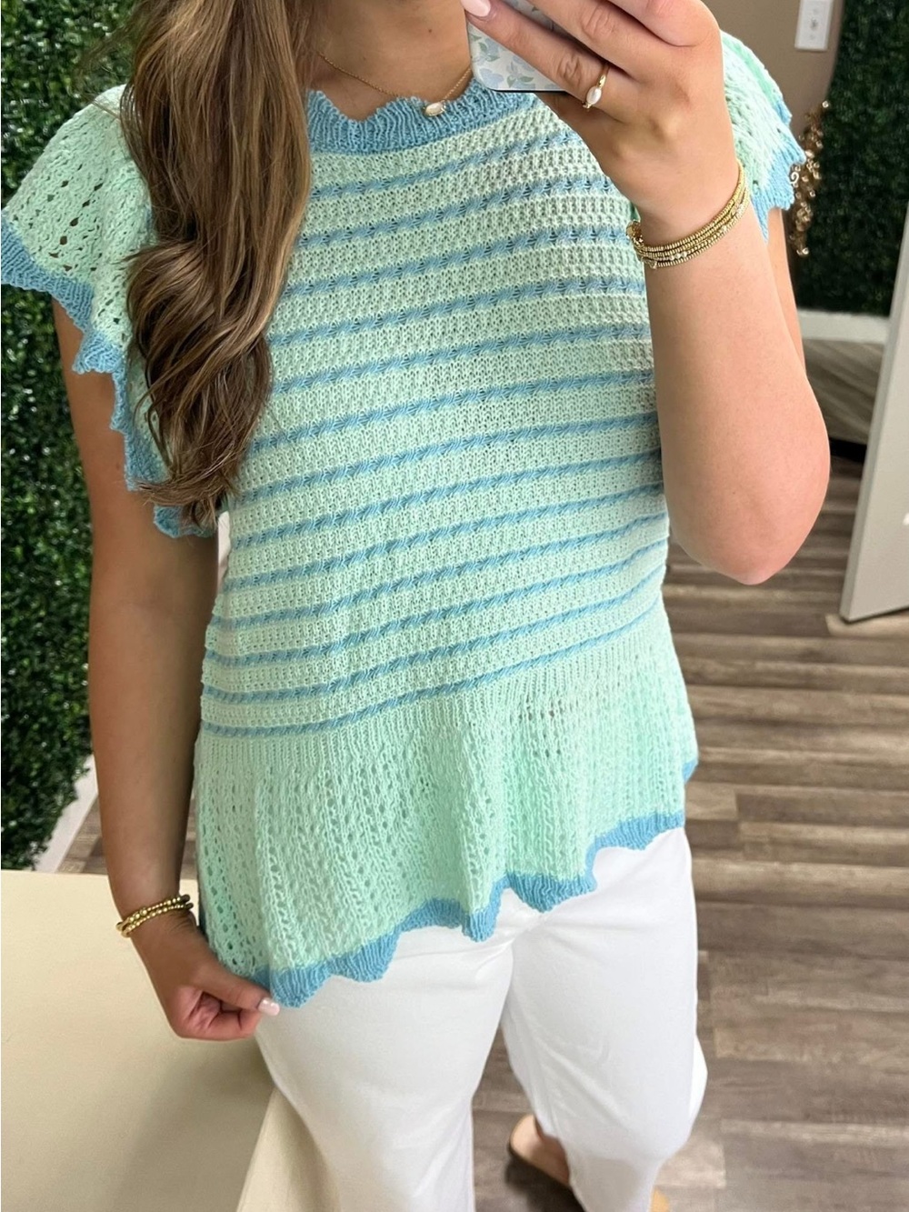 Easel Crocheted Striped Mint & Sky Blue Knit Top